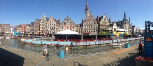 A panoramic of Ghent's famous skyline across the canal. The setup for the 10-day festival starting that night affects the view ever so slightly.